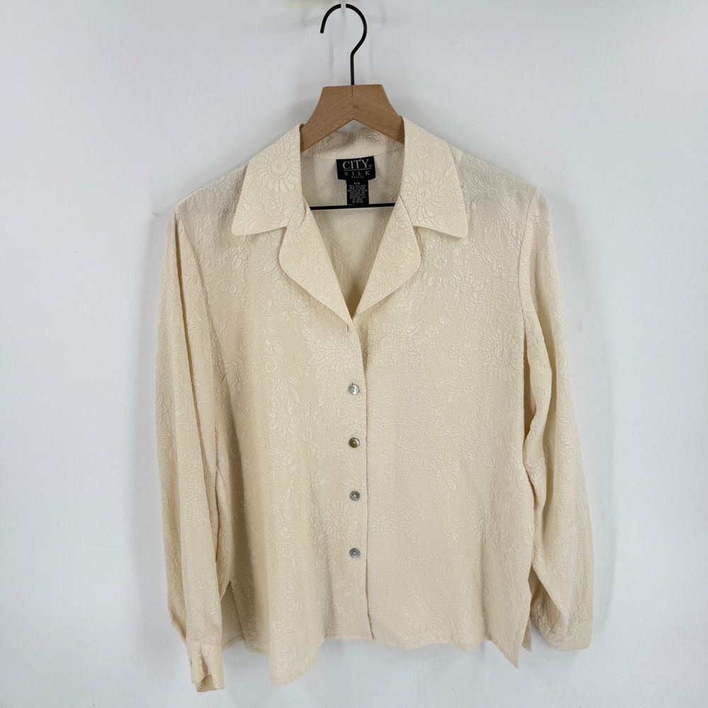 City Silk Blouse Cream PM Floral Jacquard Long Sleeve PM Embossed Feminine Euro